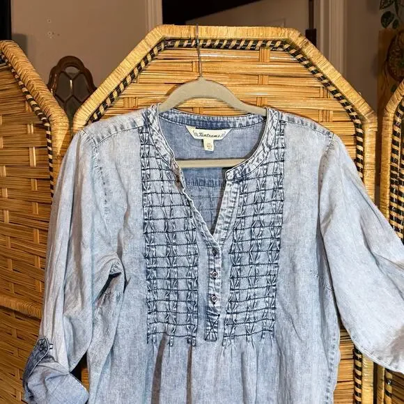 Tantrums Chambray Smocked Bib Blouse Roll Tab Sleeves XXL boho western classic - Picture 4 of 8